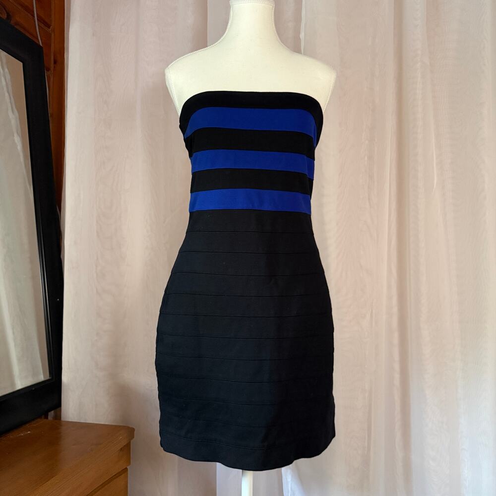 Express Black & Cobalt Blue Strapless Bodycon Mini Dress Medium 2011 Going Out